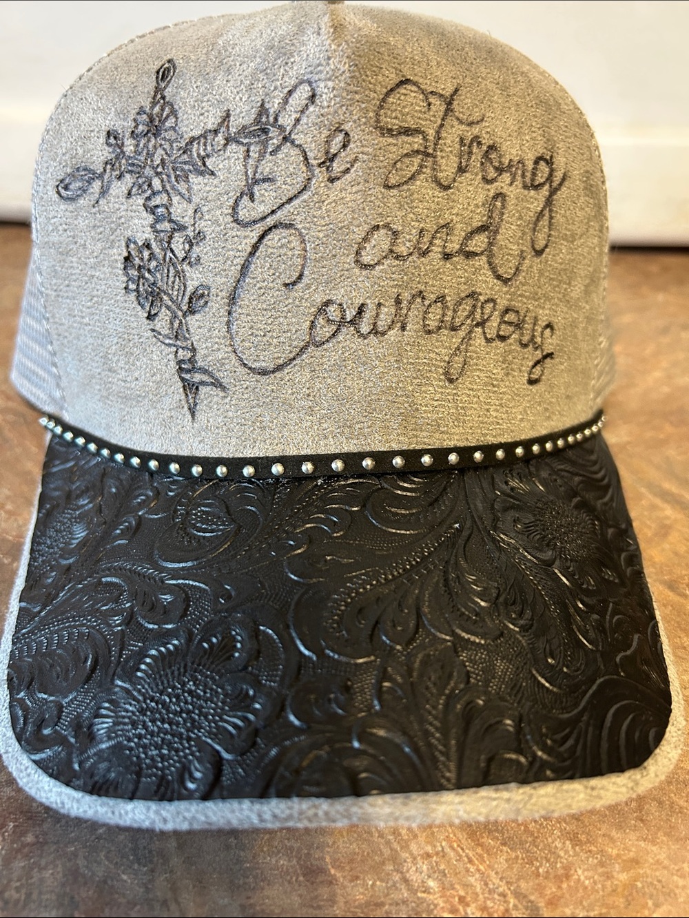 Unbranded Womens Grey Suede Hand Burned Floral Cross “Be Strong & Courageous “